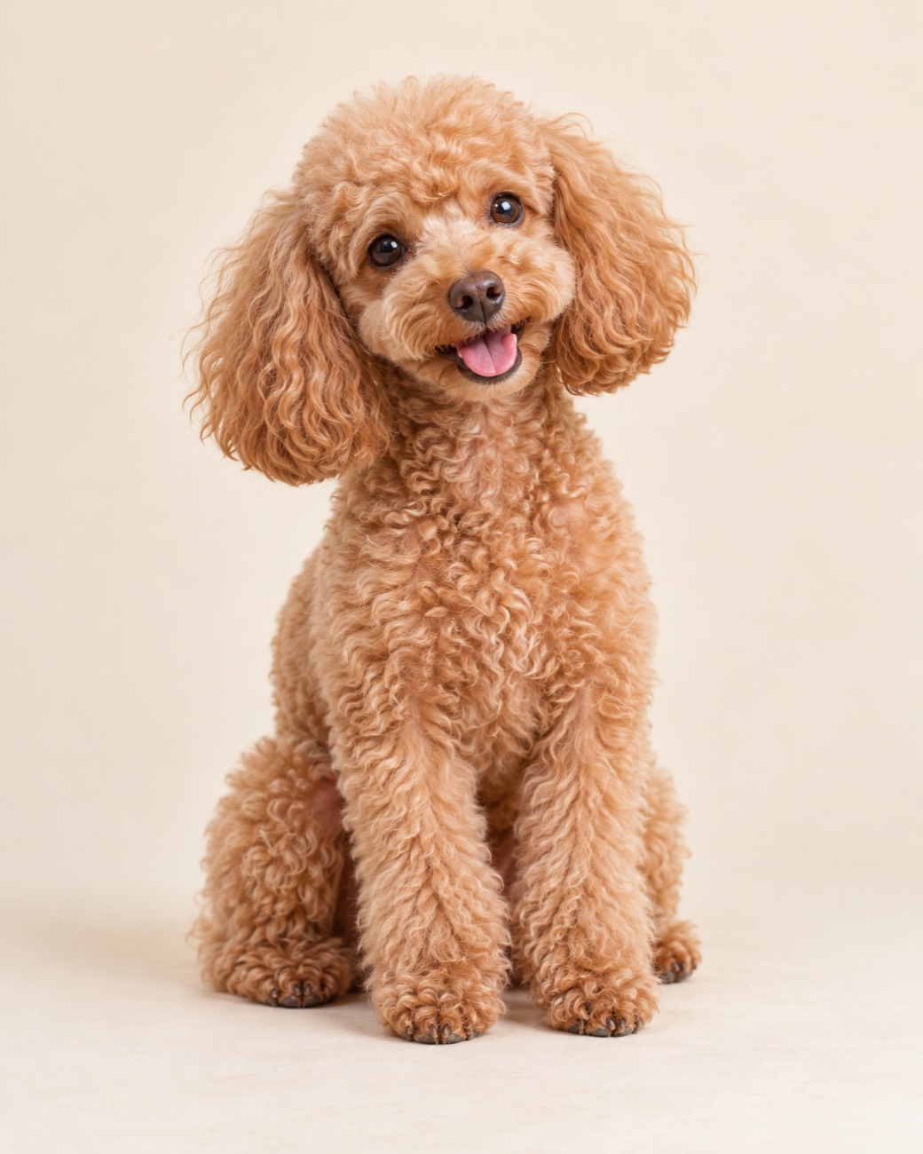 Illustrative studio portrait of an apricot poodle; not a salon client